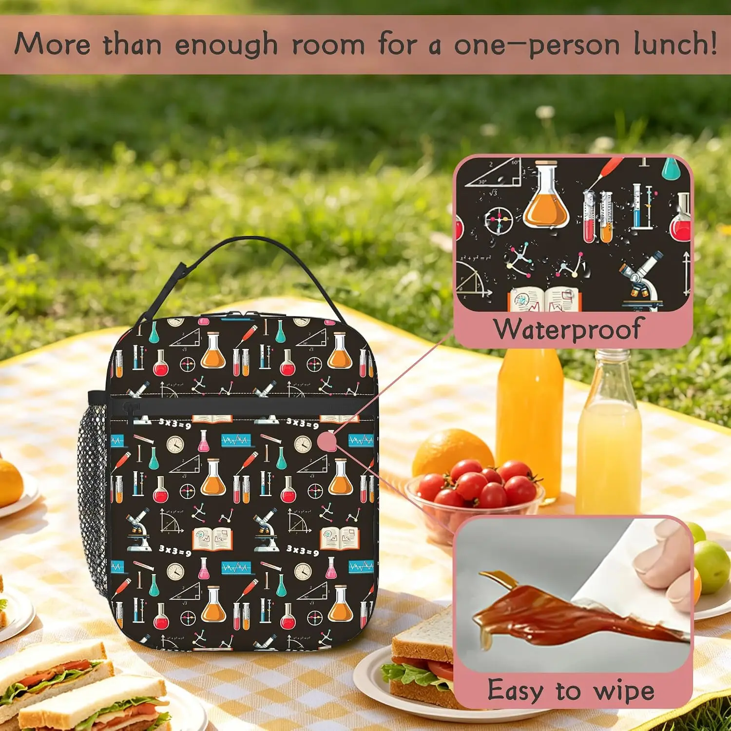 Science Chemistry Lunch Bag Biology Physics Pattern Insulated Lunch Box Reusable School Lunch Tote with Zipper and Side Pocket