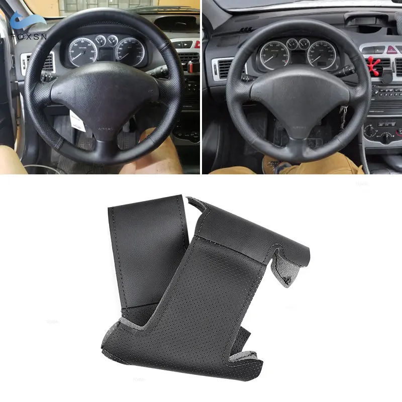 

Black Perforated Leather Cover For Peugeot 307 2001-2008 307 SW 2005-2008 DIY Hand Sewing Leather Car Steering Wheel Cover Trim