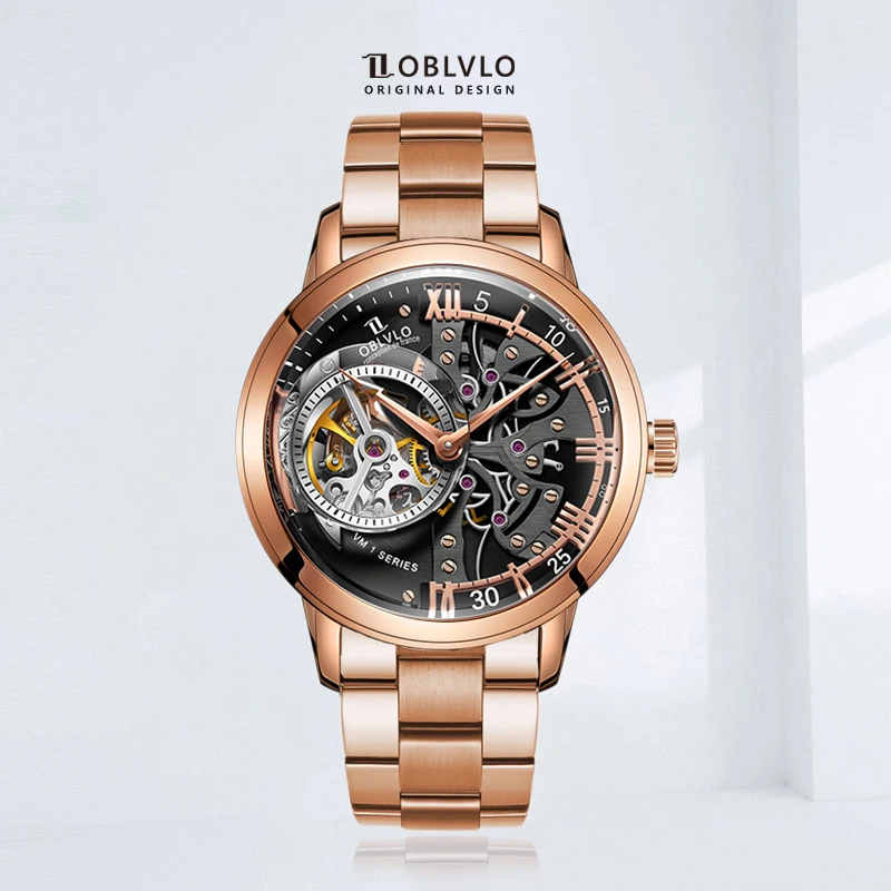 OBLVLO New Design Skeleton Watches Rose Gold Automatic Watches With Sapphire Crystal Relogio Masculino VM