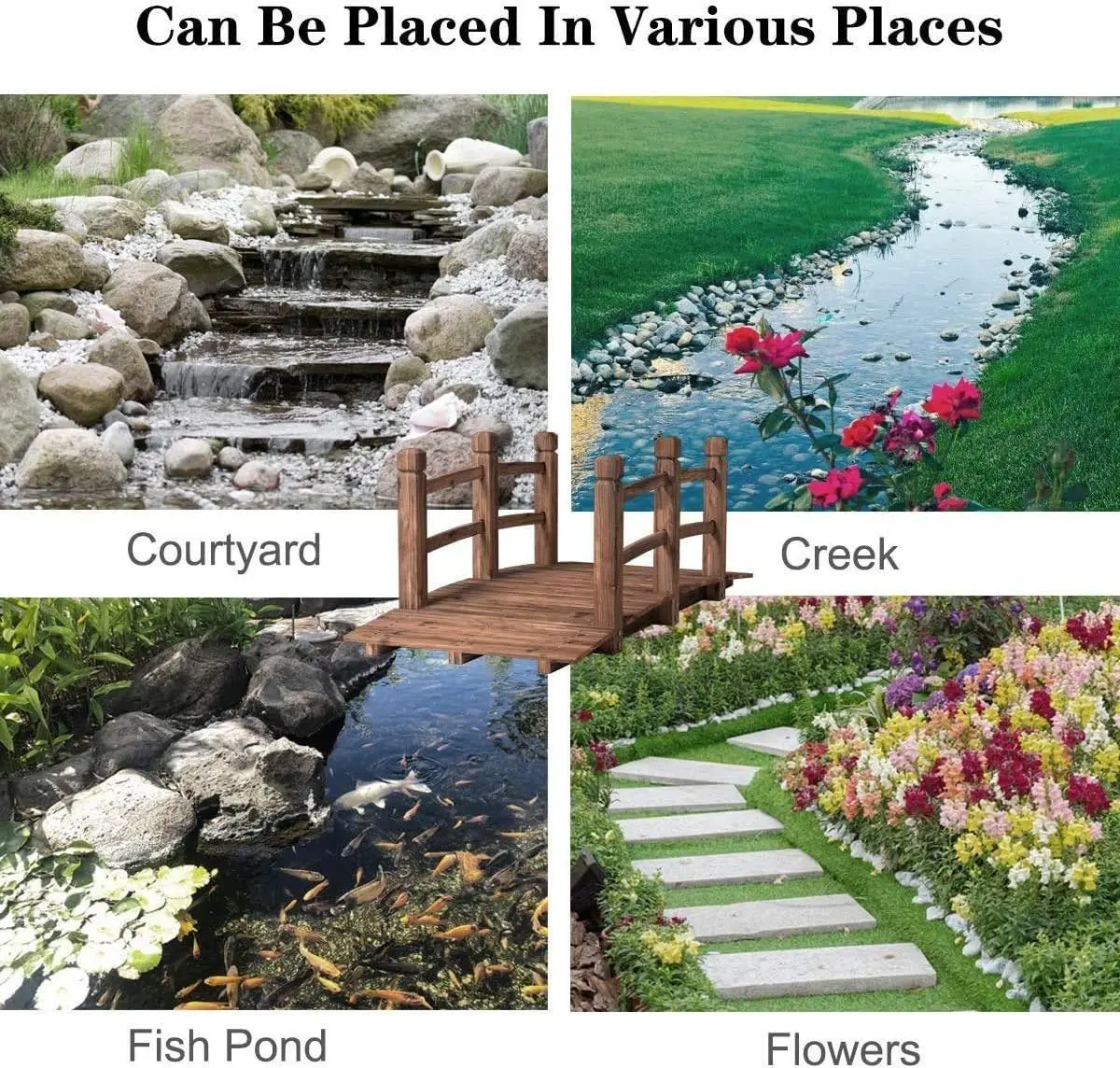 Holzbrücke, kleine Gartenbrücke aus Holz mit Geländer, Teichbrücke für die Garten-Hinterhof-Dekoration, 1,5 m