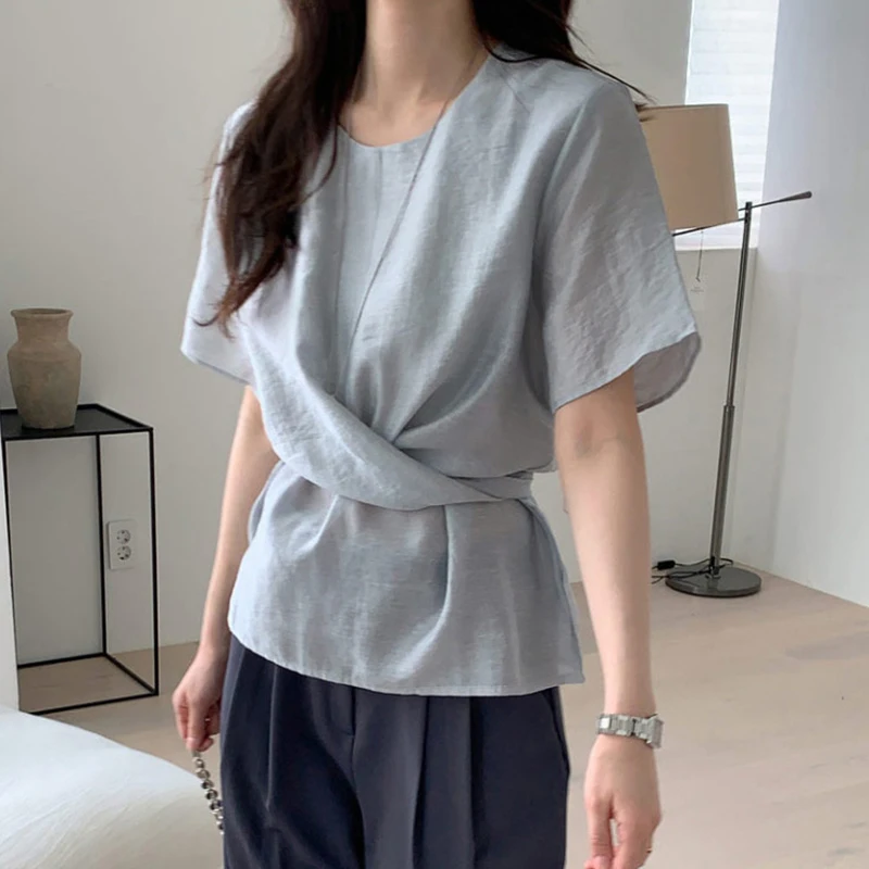 الصيف قصيرة الأكمام تي شيرت الدانتيل متابعة متقاطع الصلبة القمم بلوزة الكورية موضة فضفاضة عادية تيز القمصان