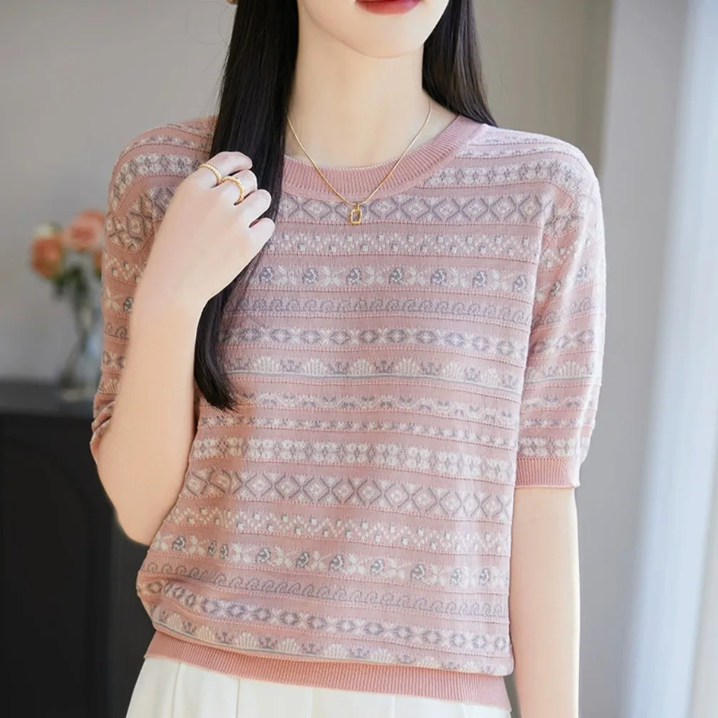 

High-End European Sle Hollow out Ice Silk Knitted Top Thin ort Sve T-irt Women's Summer Faion Breathable Moisture ...