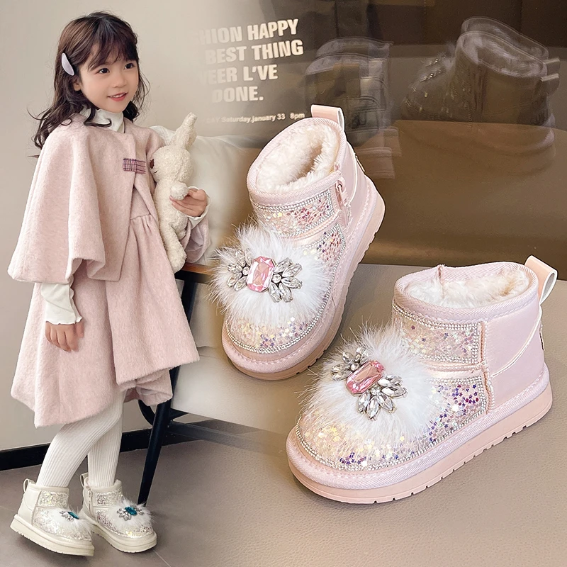 الفتيات الأميرة الأحذية أصابع مستديرة لينة وحيد الاطفال أحذية بوت قصيرة مع لامعة الترتر 2025 شتاء جديد الأطفال حذاء من الجلد مع الفراء السميك