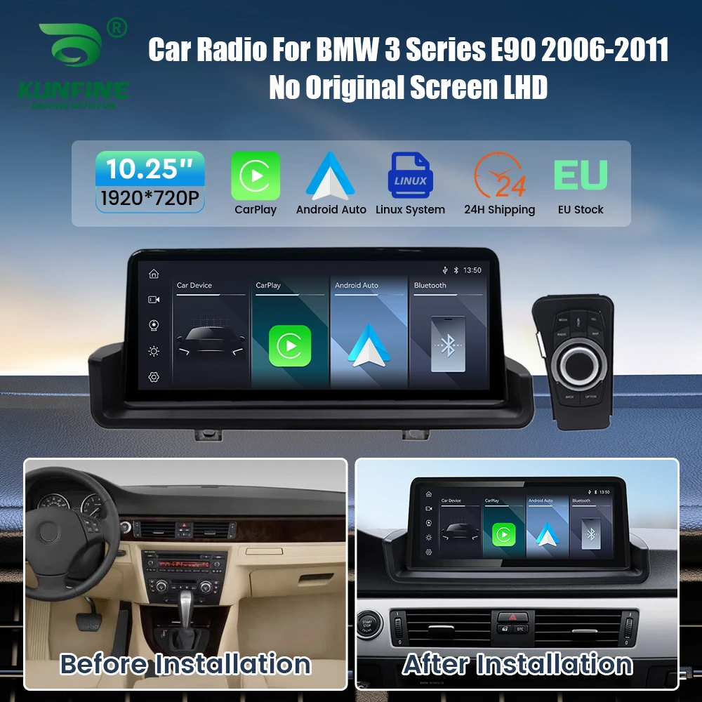 10,25 Zoll Autoradio für BMW 3er E90 2006-2011 ohne Originalbildschirm, LHD, kabelloses CarPlay, Android Auto mit Bluetooth, GPS-Navigation, Multimedia-Haupteinheit, Upgrade-Touchscreen-Videoplayer