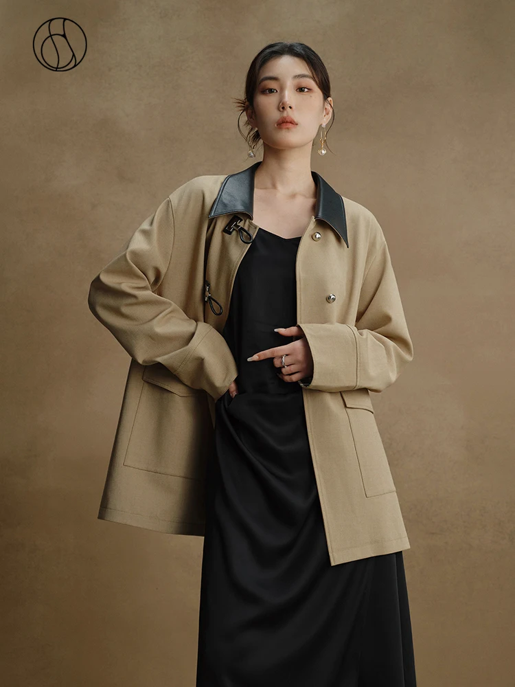 

DUSHU Women's Khaki Short Jacket Autumn 2023 New Patchwork Collar Retro Contrasting Trench Coat Office Lady Women Trench