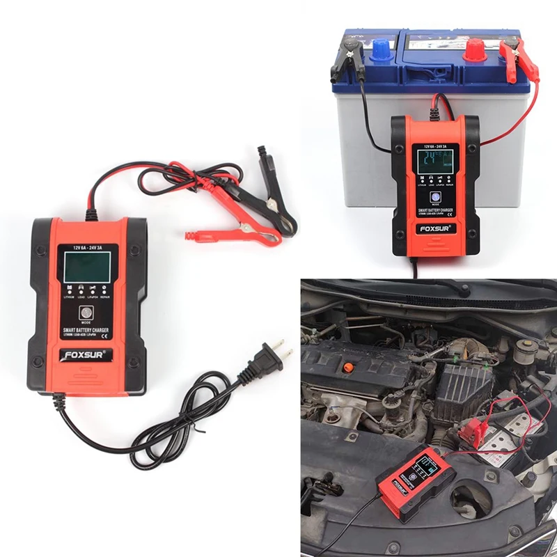 Cargador de reparación de pulso automático TTKK FOXSUR 12V 24V 6A con cargador LCD de 7 etapas para cargador de batería de coche y motocicleta de litio