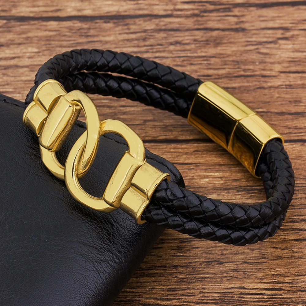 TYO High Quality Double Layers Braided Leather Men Bracelet Gold Color Stainless Steel Magnet Buckle Bangles Jewelry Wholesale