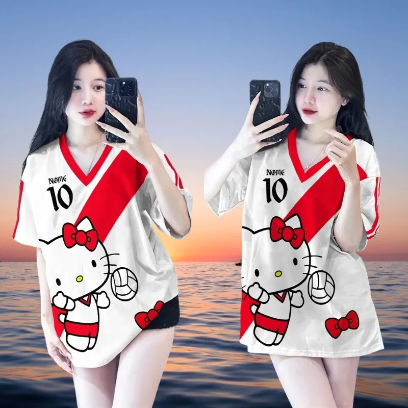 

Hello Kitty Women's 3D Printed V-neck Short-sleeved T-shirt New Slim-fit Versatile Top T-shirt