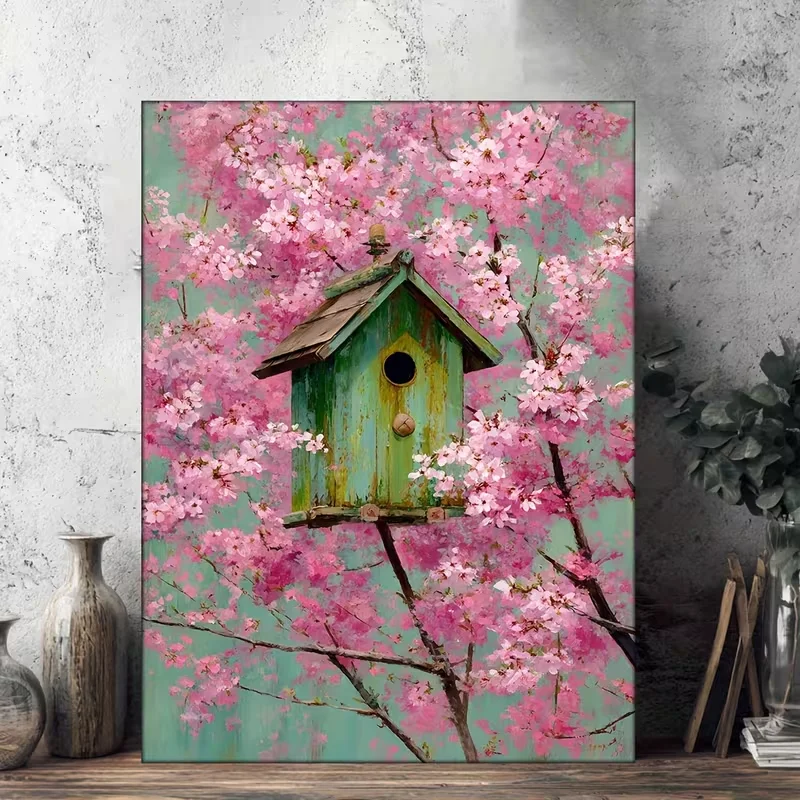 1pc Vintage Cherry Blossom Birdhouse Canvas Wall Art - Pastel Pink Sakura Print with Green Birdhouse & Flowers, Square Framed/Fr