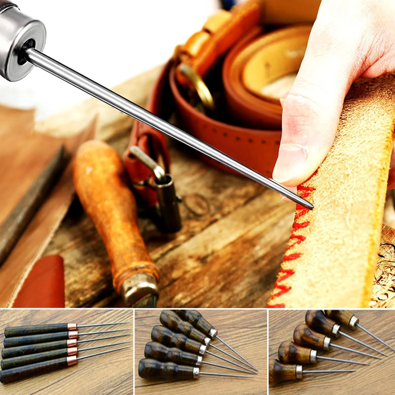 Durable Awl With Wooden Handle Piercing Leather Edge Hole Punches Sewing Stitching Positioning Drill Needle Binding Supplies