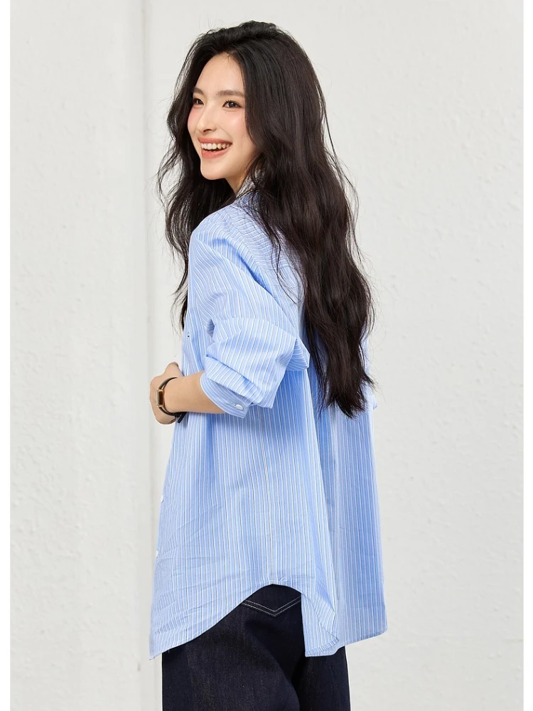 VIMLY 女性ブルーストライプシャツ 2025 春秋ファッションシックなレーストリム刺繍長袖トップオフィスウェア Cothes A1930