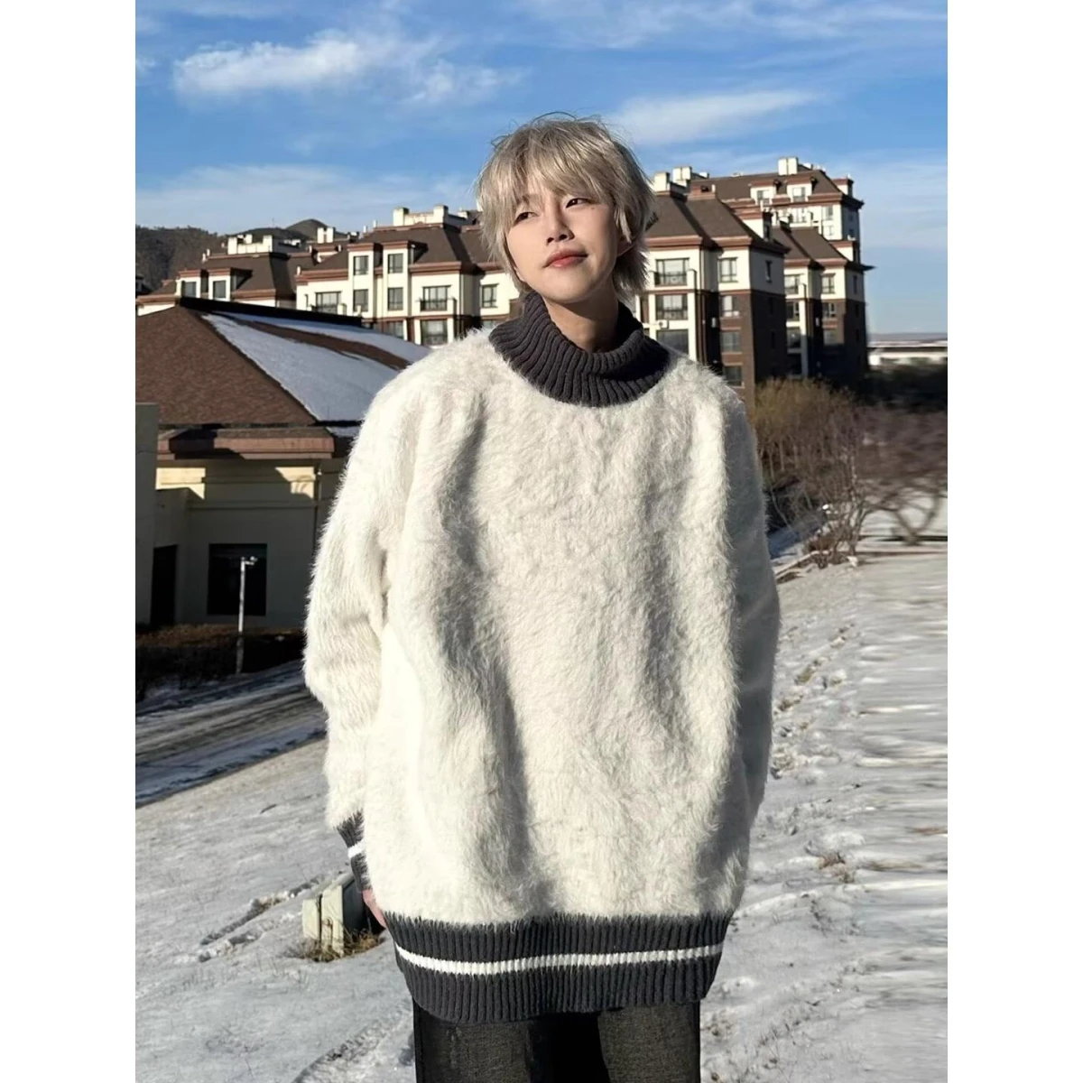 Herren Winter Faion Strickpullover mit hohem Kragen, Nerz-Samt, lockere Passform, Farbe Blo, flauschige Oberbekleidung, lässige Passform, Polyesterfaser