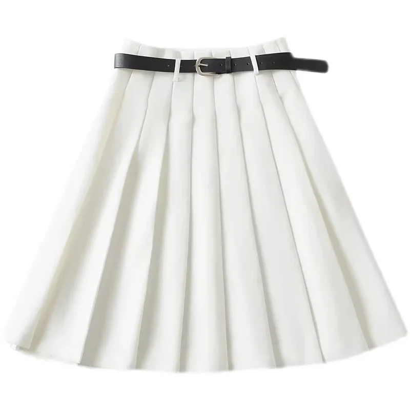 

Белая юбка трапециевидной формы с высокой талией и поясом для похудения, летние юбки-миди Street Sle, однотонные двухцветные юбки-миди