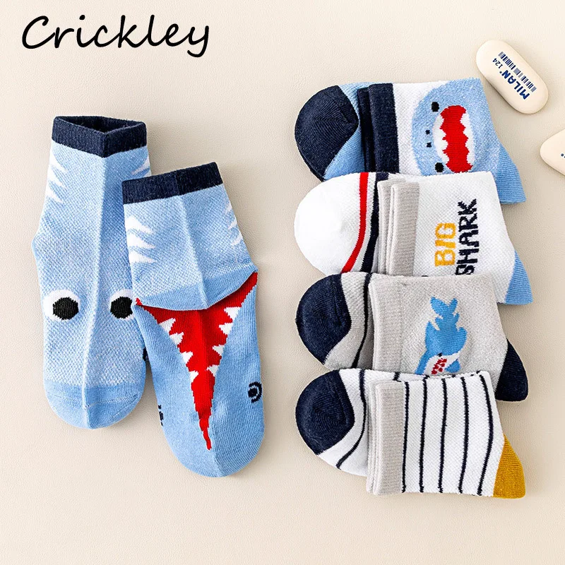 5Pairs/lot Cartoon Shark Children\'s Cotton Socks Spring Summer Mesh Boys Socks Soft Thin Breathable Kids Short Sock 1-13T