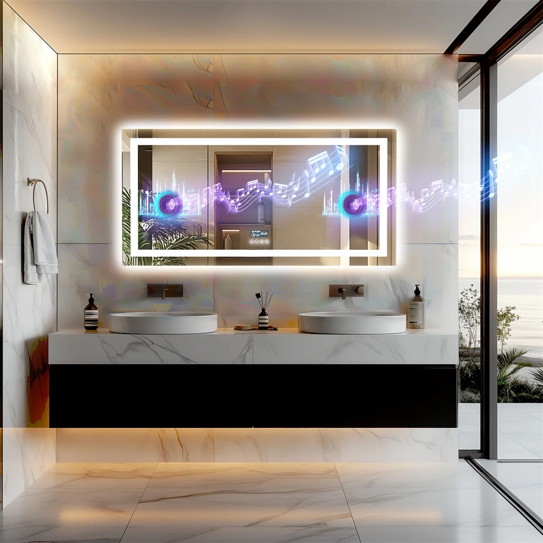 LUVODI Espejo de baño con Bluetooth iluminado grande, espejo de tocador de baño LED antiniebla rectangular con Altavoz Bluetooth de 3 colores
