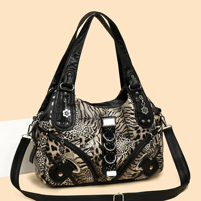 Leopard Print Hobo Shoulder Bag Women Vintage Washed Faux Leather Rivet Decor Crossbody Bag Y2K Street Fashion Handbag