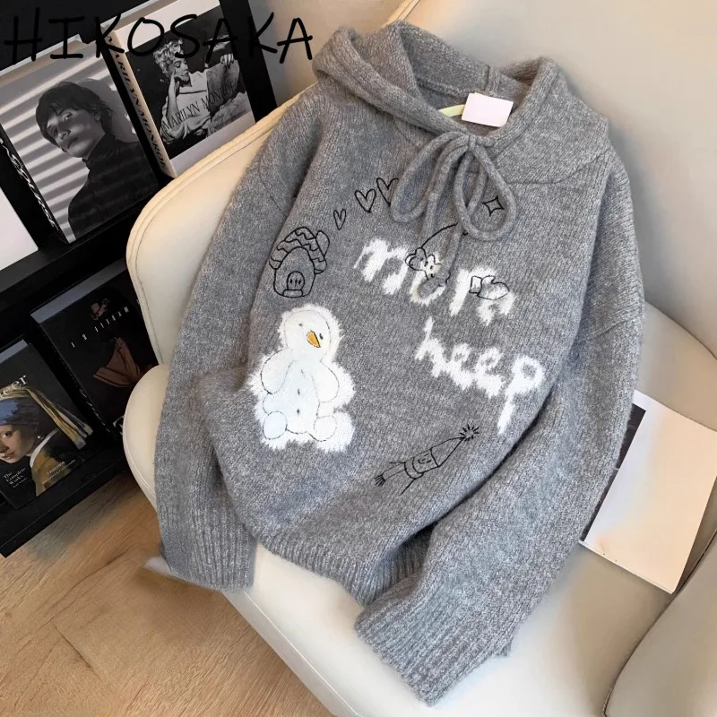

Japanese Style Cartoon Jacquard Sweaters Women Loose Casual Long Sleeve Hooded Pullovers Autumn New Japanese Harajuku Top