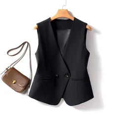 Black V-neck short double-breasted vest women's jacket spring and autumn workplace Slim and thin