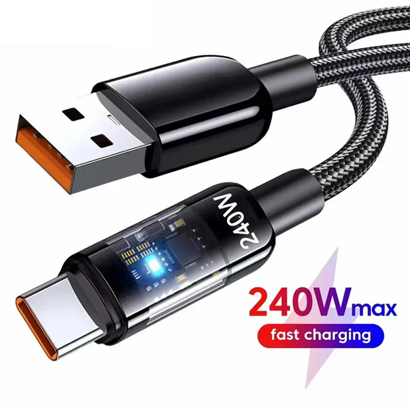 Quick Charging Cable 240W USB C Nylon Braided Transparent Type C High-speed Charger Wire for Samsung Huawei Mi Data Line Cable