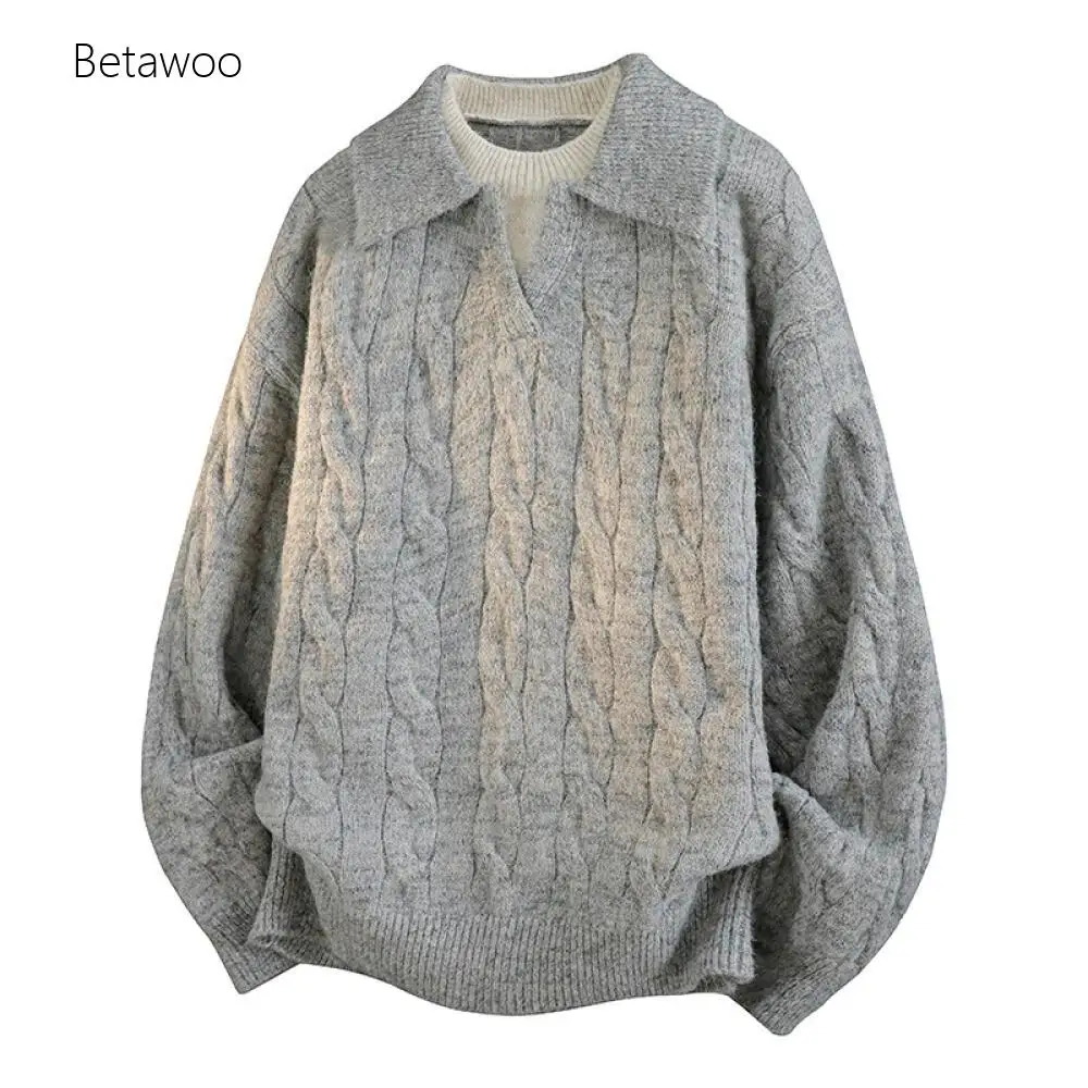 

Cable Knit Collared Sweater, Oversized V-Neck Pullover for Daily Wear
