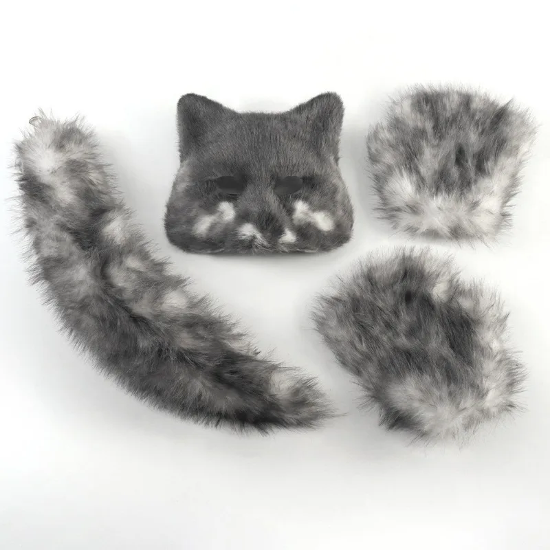 Fluffy Fur Fox Tail Keychain Cat Paws Gloves and Wolf Therian Mask Set for Halloween Cosplay Costume Accessories