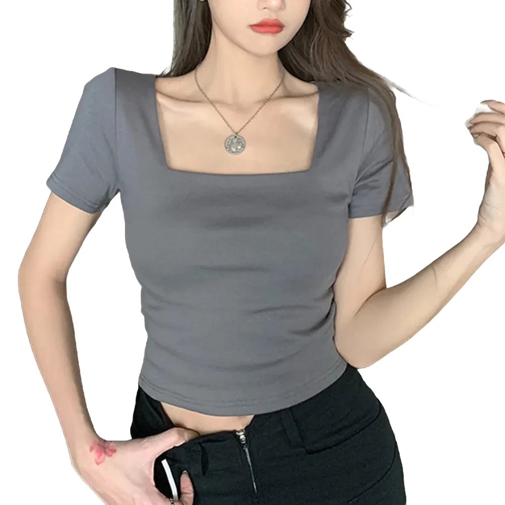 

Casual Women's Tops Crop Top Daily Female Holiday Regular Shoulder Slight Stretch Slim Fit Square Neck Fashion