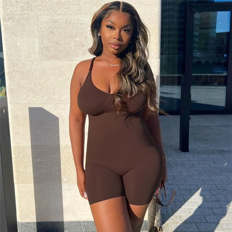 Solid Spaghetti Straps Playsuit Women Sexy V Neck Sleeveless Skinny Shorts Jumpsuit Spring Summer High Stretchy Fitness Overalls