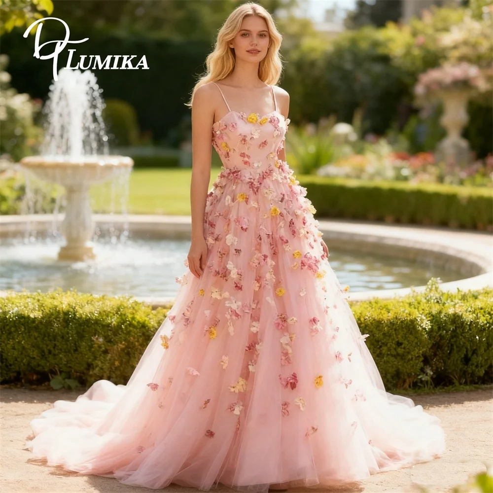 

DTLumika вечернее платье на тонких бретельках с цветочным принтом для женщин, платья Quinceanera, индивидуальный размер, розовые вечерние платья трапециевидной формы