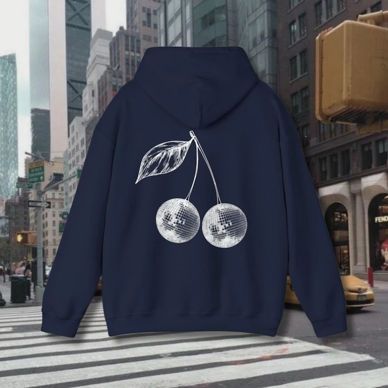 Cherry Disco Ball Graphic Trendy Coquette Mirrorball Thermal Hoodie Cute Oversized Navy Long Sleeve Streetwear Gifts for Her