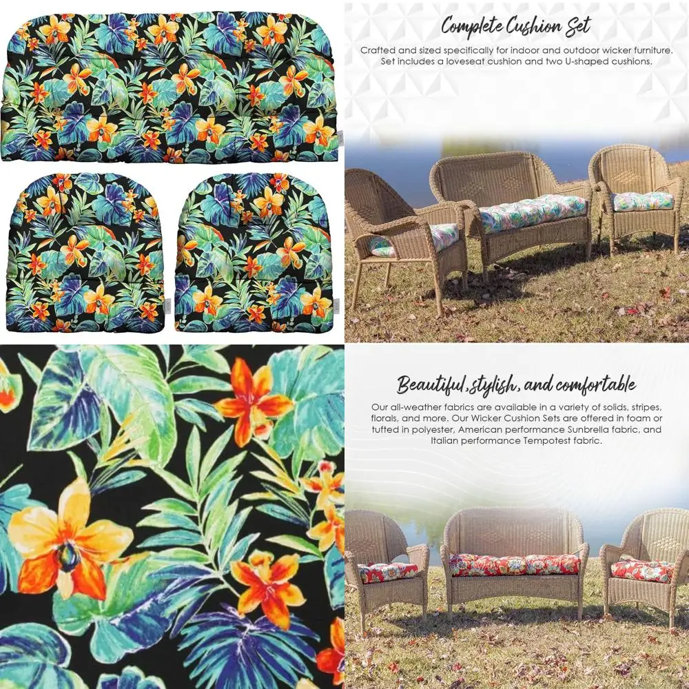 

All-Weather Wicker Tufted Cushion Set for Outdoor Loveseat, 41x19 and 19x19, Water Resistant Spun Fabric