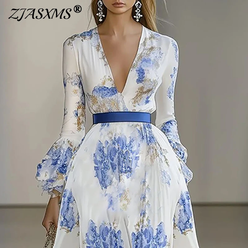 Donna Chic Stampa floreale Boho Abiti lunghi Primavera Manica a farfalla Vita alta Abito da ballo Sexy scollo a V Vacanza Maxi Dress Vestidos
