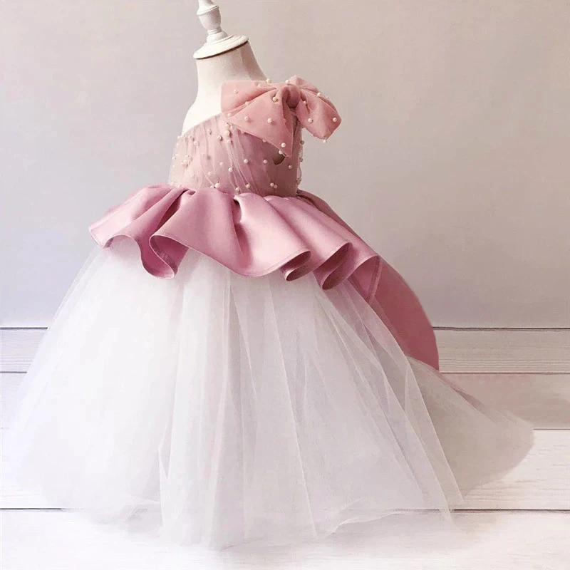 Summer Shoulders 1st  Birthday Dress For Baby Girl Clothing Baptism Beads Princess Dress Girls Dresses Bow Wedding Costume 1-5Y