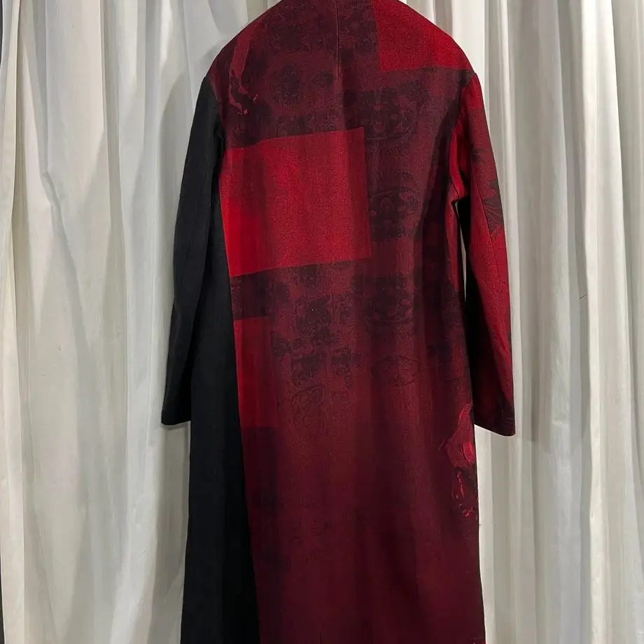 TOP-YAMAMOTO ® printed patchwork woolen coat, women's mid-length stand-up collar coat, designer style