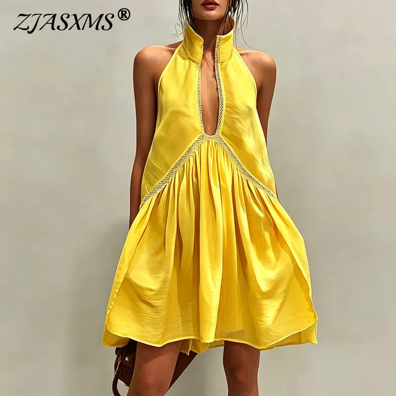 Damen Rollkragen-Minikleid mit Ausschnitten, Einfarbig, Tiefer Spitzenbesatz, Schwingrock, Ärmellos, Locker Fallend, Sommerliches Freizeitkleid