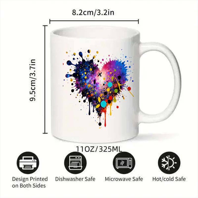 Colorful Heart Splatter Print Ceramic Coffee Mug, 11oz 350ml Personalized Custom Mug, Microwave Safe Cute Aesthetic Mug, Birthda