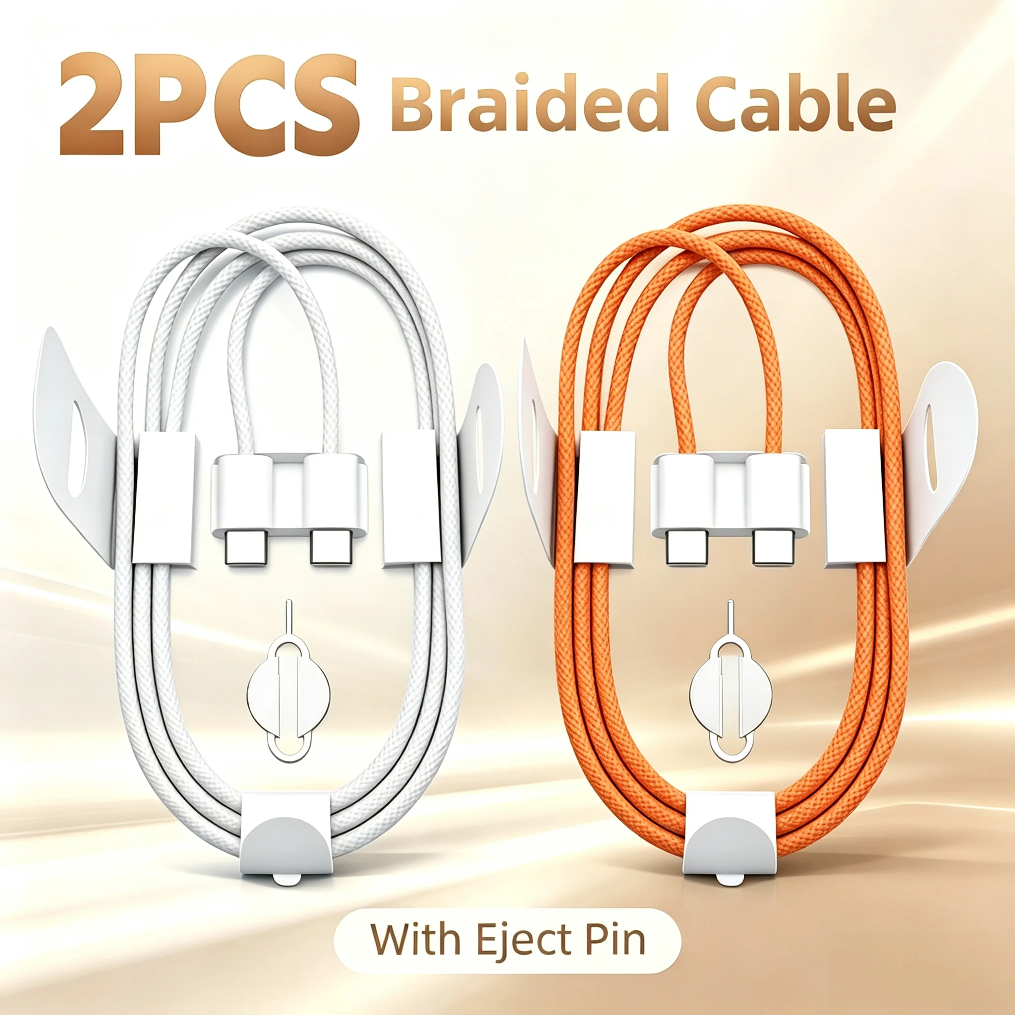 2 PCS USB C to USB C Braided Charging Cable, 60W Fast Charger Cord with SIM Eject Pin, White & Orange for iPhone 15 16 17