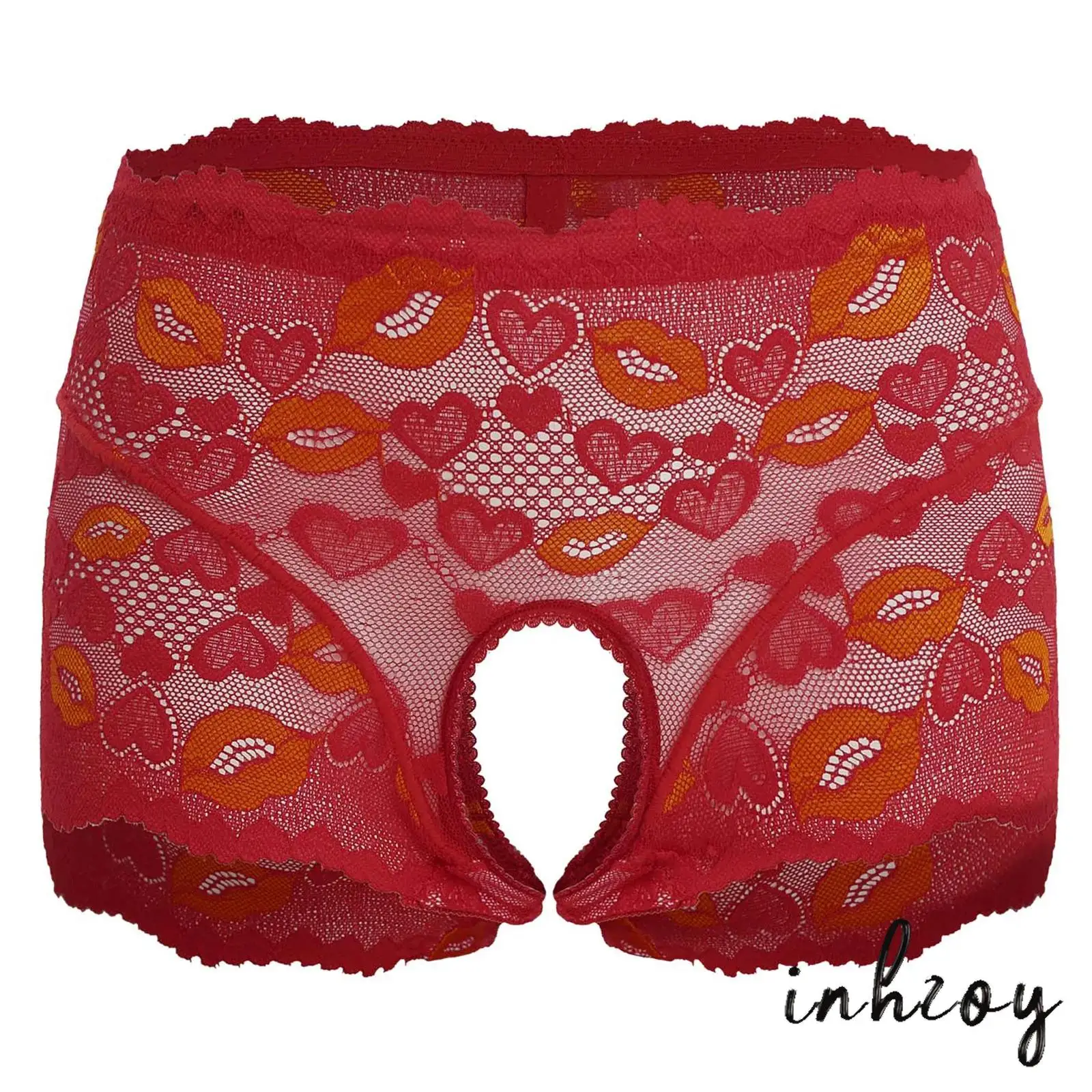 

Women Lip Heart Pattern Lace Panties Open Crotch See Through Briefs Underwear Tempting Lingerie for Anniversary Honeymoon Dating