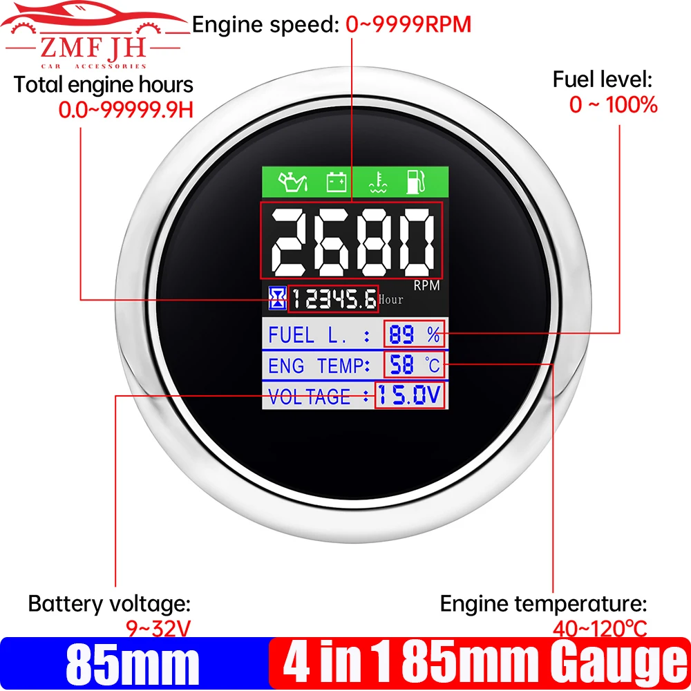 

Многофункциональный 4-в-1 85 мм Тахометр + измеритель уровня топлива + Вольтметр + Датчик температуры воды для универсальной автомобильной лодки 12 в 24 В
