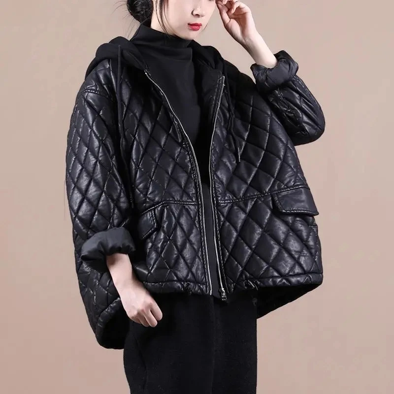 

Women's Leather Cotton Insulated Jacket Loose Short Coat Pu Diamond Stitching Check Winter 2023 Oversize Outerwears Statue Outer