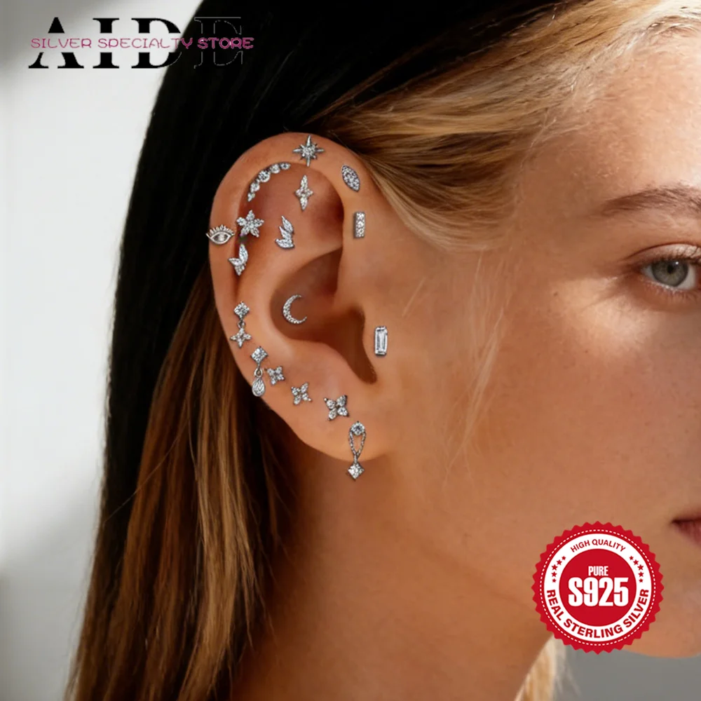 

AIDE 1Pc Classic Geometric Moissanite Piercing Earring Women's 925 Sterling Silver Star Flower Flat Head Earrings Jewelry Gifts
