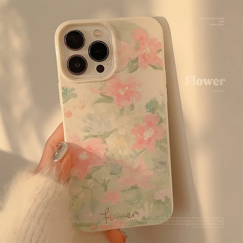 Fairy garden Oil Painting Pink flowers art Phone Case For iPhone 16 15 14 13 12 11 Pro Max 16 15 14 Plus Case Cute Sweet Cover