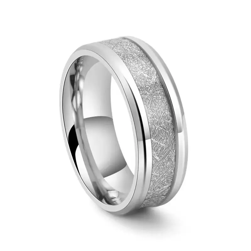 Men's 8MM Meteorite Stone Pattern Inlaid Silver Stainless Steel Ring Engagement Wedding Band for Cocktail Party High Jewelry
