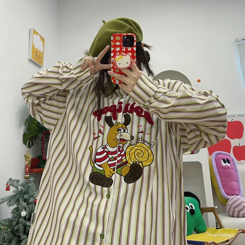 Vintage Cartoon Embroidery Loose Vertical Strips Contrasting Long-sleeved Shirts Top Men and Women