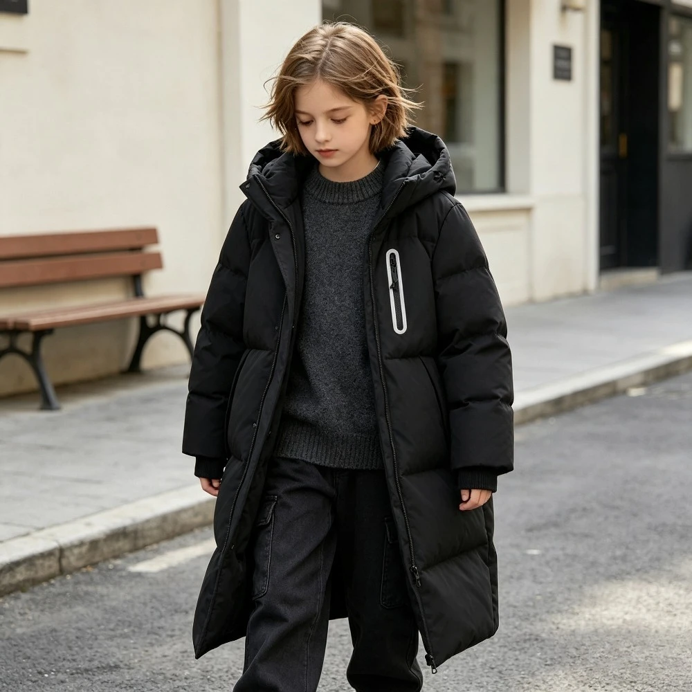 Teen Kids Long Puffer Coat Hooded Winter Parka Waterproof Zipper Pocket Boys Girls Casual Versatile Thick Warm Quilted Outerwear