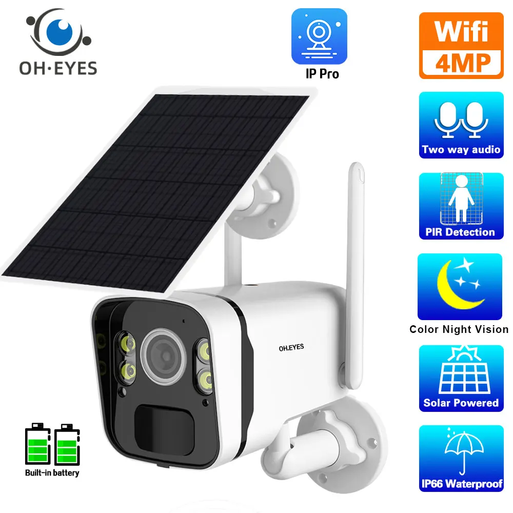 Cámara tipo bala IP inalámbrica con Panel Solar, dispositivo de seguridad con batería recargable, alarma de movimiento PIR, Audio bidireccional, 4MP, WiFi, para el hogar