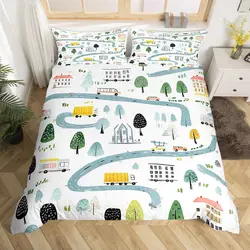 Cartoon Truck Duvet Cover Twin, City Landscape Bedding Set, Hand Drawn Cartoon Vehicles City Map Railway Train Comforter Cover