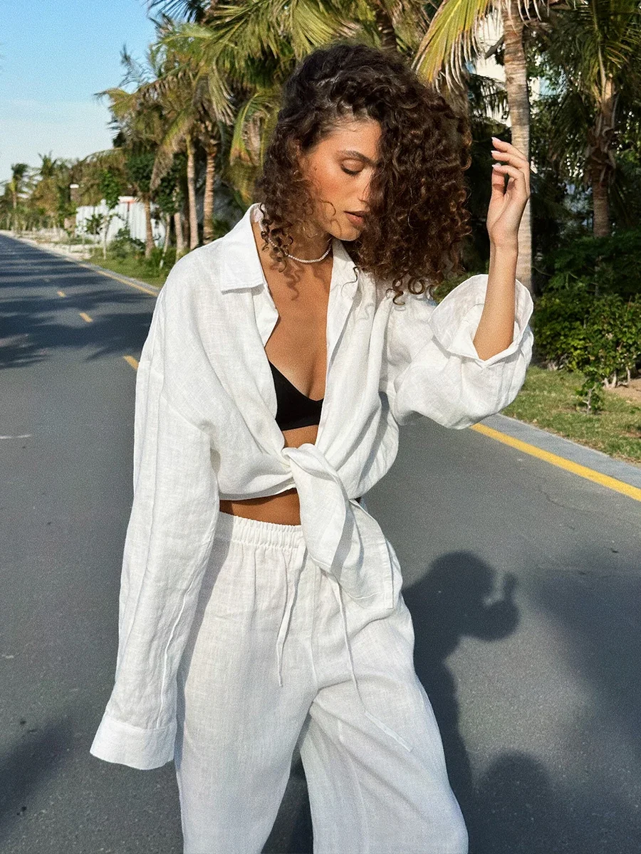 Wolfeel Casual Shirt Pants Sets 100% Cotton Women\'s Solid Color Cozy Lapel Long Sleeve Summer Outfit Elastic Waist Pants Suits