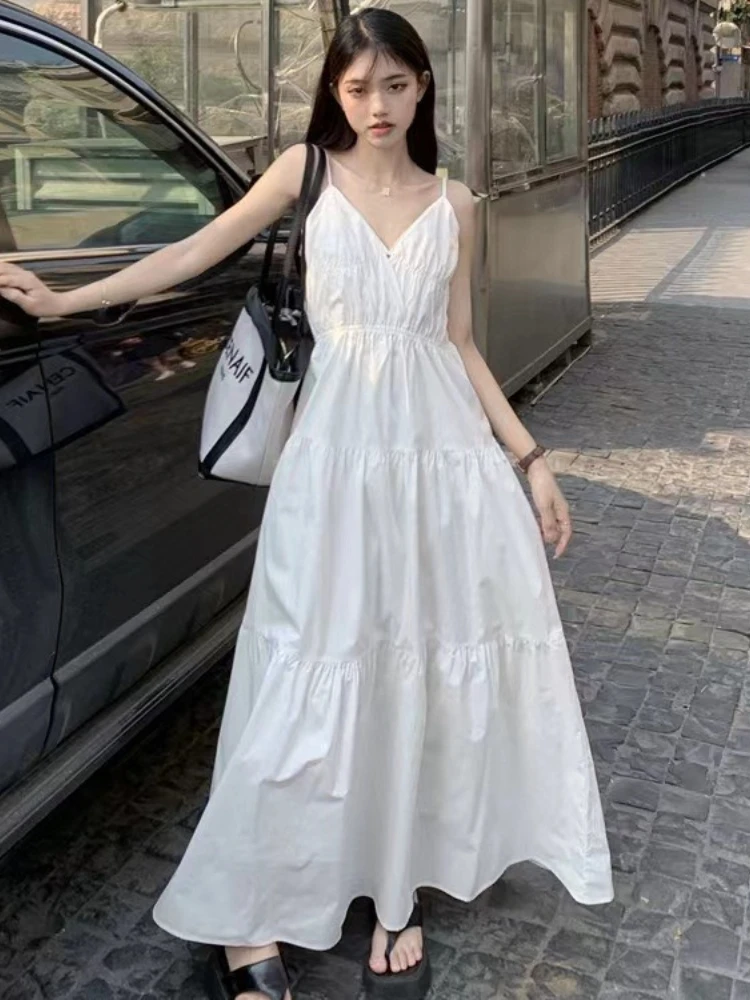 딥 브이 넥 화이트 한국 스타일 드레스 우아한 슬림 맞는 여름 드레스 독점 스파게티 스트랩 비치 맥시 휴가 여성 드레스