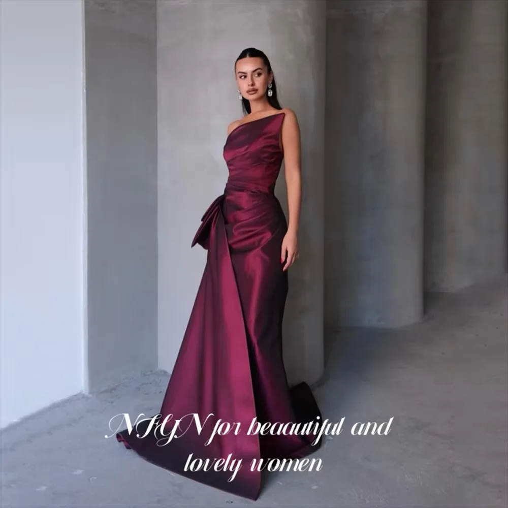 NFYN Burgundy Evening Dress Satin Mermaid Prom Dresses Draped Party Formal Gown Sleeveless robe de bal for Woman Customized image 3