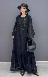 Summer 2024 O Neck Elegant Printed Loose Long Dresses For Women Fashion Black Long Sleeve Dress Female Wholesale